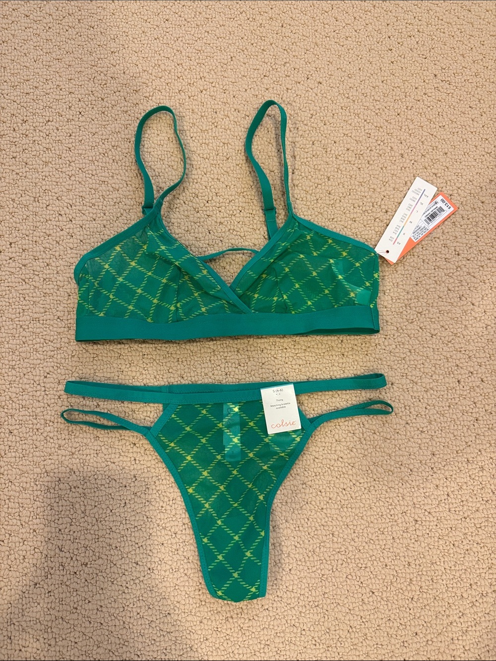 Colsie Green Argyle Bralette & Thong Set